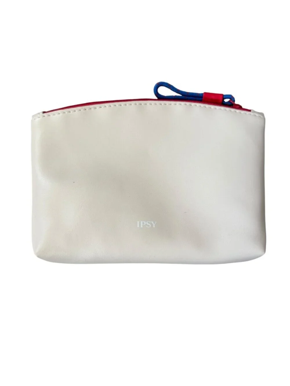IPSY cream colored zippered cosmetic bag pouch with red interior